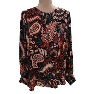 LOFT Womens Medium Paisley Dark Floral Keyhole Long Sleeve Blouse Black